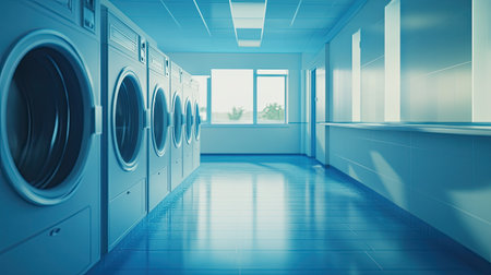 A modern laundry room showcasing sleek washing machines in a bright, minimalistic environment, bathed in natural light from large windows, promoting cleanliness and efficiency.の素材