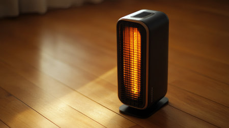 A sleek electric heater emits a warm glow, enhancing the cozy atmosphere of an indoor space with its modern design and energy-efficient features. Perfect for cold seasons.の素材