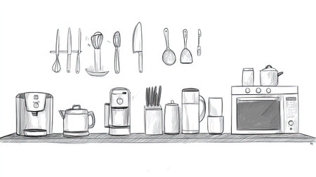 A stylish sketch of kitchen utensils and appliances on a countertop, perfect for culinary projects, home decor, or design inspiration for kitchens and cooking spaces.の素材