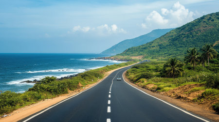 A picturesque coastal road lined with lush greenery, offering breathtaking views of the ocean and gentle waves against a clear blue sky on a sunny day.の素材