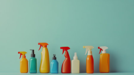 A vibrant collection of cleaning products lined up against a turquoise wall, showcasing various shapes and colors, perfect for home organization and hygiene themes.の素材