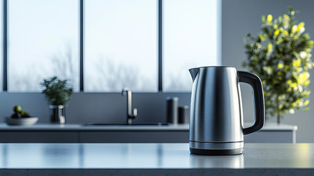 This image showcases a sleek stainless steel electric kettle placed on a kitchen countertop, surrounded by bright windows and modern decor, perfect for contemporary home aesthetics.の素材