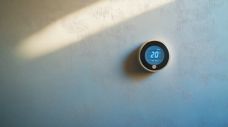 A sleek digital thermostat showcases a clear temperature reading in a contemporary interior. Soft morning light contrasts with the modern design, enhancing home comfort.の素材