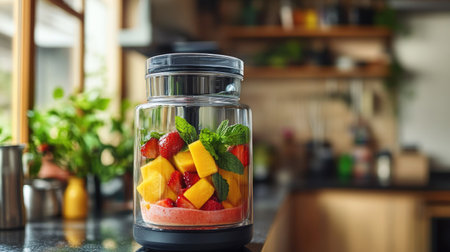 A vibrant fruit mixer filled with fresh strawberries, mango chunks, and mint leaves, set against a stylish kitchen backdrop, emphasizing healthy cooking and inviting atmosphere.の素材