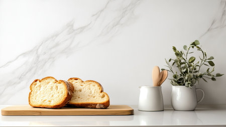 A beautifully arranged scene featuring freshly sliced loaf of bread on a bamboo cutting board, complemented by minimalist white jugs and a delicate eucalyptus plant against a stylish marble backdrop.の素材