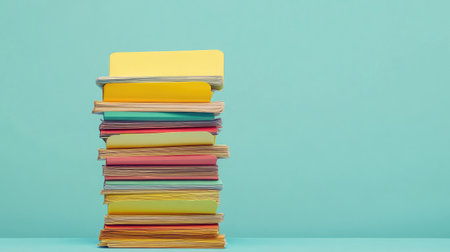 This image displays a tall stack of colorful index cards against a soft blue background, symbolizing creativity and organization, perfect for office or study themes.の素材