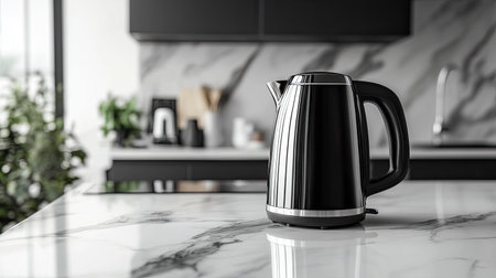 This elegant black electric kettle sits on a marble countertop in a modern kitchen, showcasing a sleek design perfect for cooking and beverage preparation.の素材