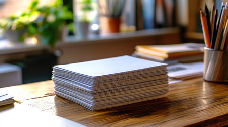 A serene workspace featuring a neat stack of white paper sheets on a wooden desk, complemented by green plants and stationery, creating a calm and creative atmosphere.の素材