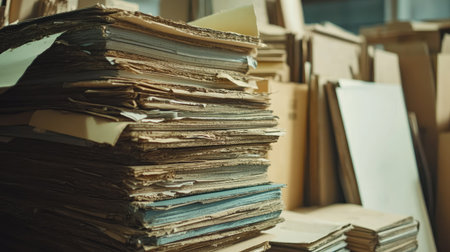 A close-up of disorganized stacks of old paperwork and cardboard in a well-lit storage area, highlighting the unique textures and layers of forgotten documents and materials.の素材