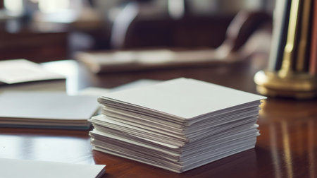 A stack of blank paper sheets rests on a polished wooden desk, illuminated by soft natural light, creating a serene and organized workspace atmosphere.の素材