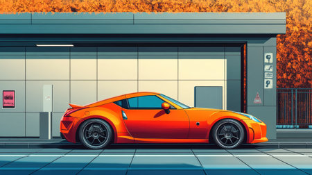 This vibrant image showcases a sleek orange sports car parked in an urban setting, highlighted by autumn foliage and a contemporary architectural backdrop.の素材