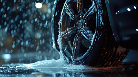 This image features a close-up of a car tire during rain, showcasing water droplets and soap foam, creating a dynamic urban atmosphere with captivating reflections.の素材