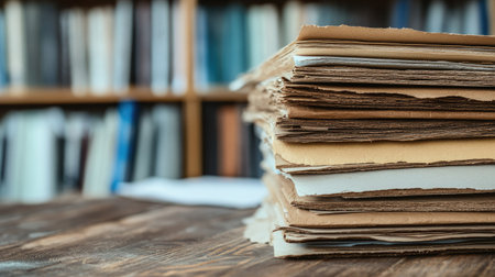 A close-up view of a stack of old papers resting on a wooden desk, set against a blurred bookshelf, ideal for themes of education, literature, and workspace aesthetics.の素材