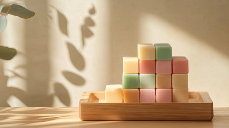 A visually pleasing composition of colorful soap cubes neatly arranged on a wooden tray, beautifully illuminated by soft sunlight, creating a tranquil and engaging atmosphere.の素材