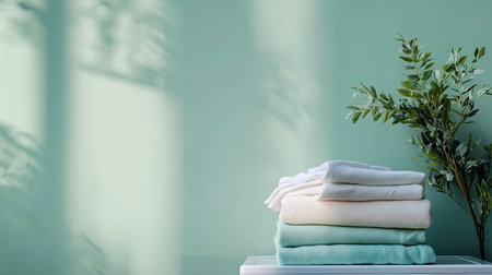 A serene composition featuring a stack of soft towels in gentle colors on a white surface, complemented by lush greenery and a soothing light green backdrop, perfect for wellness themes.の素材