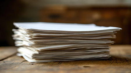 A neatly arranged stack of blank paper sheets rests on a rustic wooden table, providing an ideal setting for various creative projects and written tasks in a serene and inviting environment.の素材