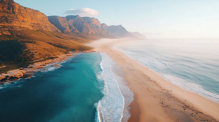Experience the calm beauty of a serene beach with gentle waves lapping against the shore, framed by majestic mountains under a soft dawn light.の素材