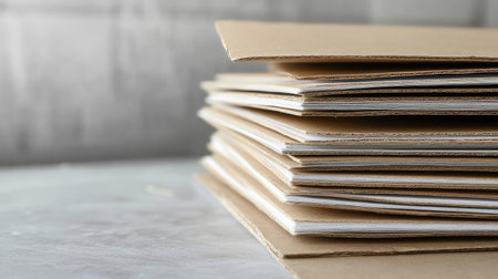 A close-up view of stacked sheets of paper on a light surface, ideal for projects or presentations, showcasing a minimalistic approach to workspace aesthetics.の素材