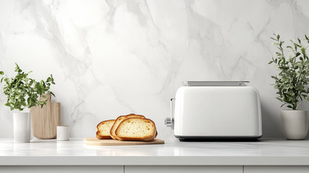 A sleek white toaster sits on a marble countertop beside slices of toasted bread on a wooden board, accented by vibrant green plants, creating a modern kitchen scene.の素材