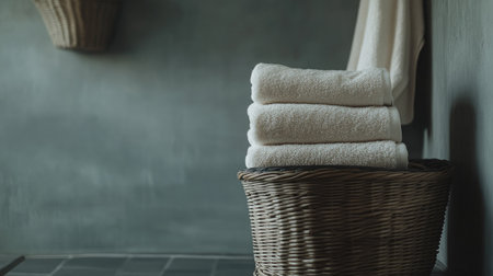 A serene setting featuring soft white towels neatly stacked in a woven basket, highlighting a minimalist bathroom design with a textured gray wall and a relaxing atmosphere.の素材