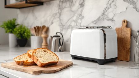 A beautifully arranged kitchen scene showcasing a modern toaster beside sliced bread on a wooden board, ideal for concepts of home cooking and stylish kitchen decor.の素材