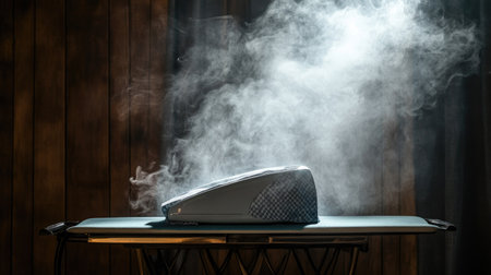 A steam iron generates smoke while sitting on an ironing board, illuminated by soft sunlight that creates an ethereal atmosphere in a cozy room setting.の素材