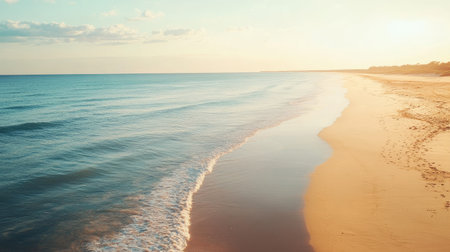 A tranquil beach scene at sunset, featuring gentle waves lapping against warm sand under a breathtaking gradient of blue and golden hues, perfect for evoking feelings of relaxation.の素材