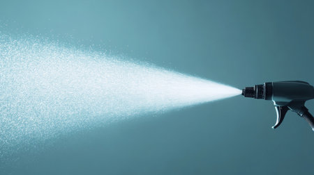 A striking close-up of a spray gun releases a fine mist of water. The soft blue background accentuates the fluid dynamics, providing a fresh and clean aesthetic ideal for various projects.の素材