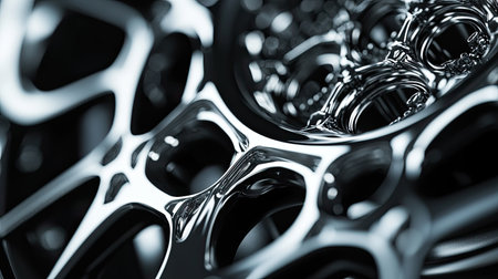 A striking close-up image showcasing the intricate design of a metallic wheel rim, emphasizing the sleek curves and beautiful reflections that highlight modern automotive aesthetics.の素材