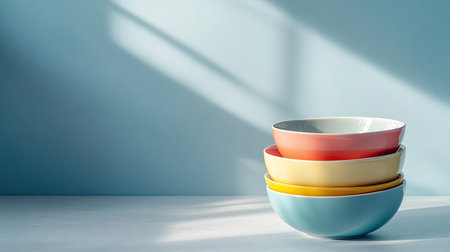 A collection of three stacked colorful bowls against a soft blue background. Natural light casts gentle shadows, creating a serene and modern kitchen atmosphere.の素材