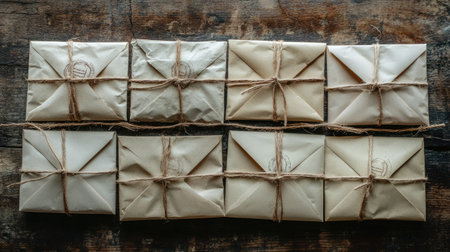 A charming collection of vintage paper packages elegantly tied with twine, displayed on a textured wooden surface, evoking warmth and nostalgia in a rustic setting.の素材