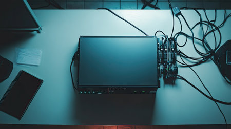 A sleek workstation setup featuring a monitor surrounded by cables, set in a modern office space. Soft lighting enhances the focused and productive atmosphere for work.の素材