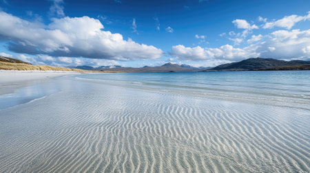 A breathtaking view of a tranquil beach with soft sand ripples and crystal-clear water, embraced by a stunning blue sky adorned with fluffy clouds and majestic mountains.の素材
