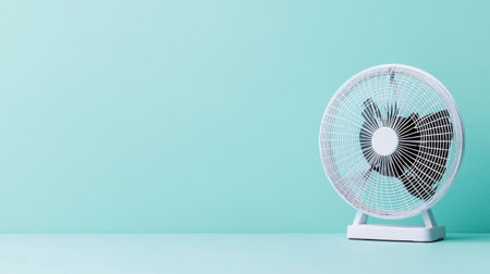 A sleek white electric fan set against a soothing light blue backdrop, perfect for bringing a refreshing breeze during warm days while adding a modern touch to your home decor.の素材