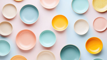 Beautiful flat lay showcasing a variety of colorful round plates arranged artistically on a soft background, perfect for kitchen decor and table setting ideas.の素材