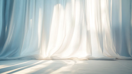 This image captures soft light filtering through sheer white curtains, creating a calm and inviting atmosphere perfect for any interior design.の素材
