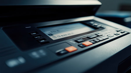 This image features a close-up of a modern multifunction printer control panel, showcasing buttons and a display, ideal for office equipment and technology-themed projects.の素材
