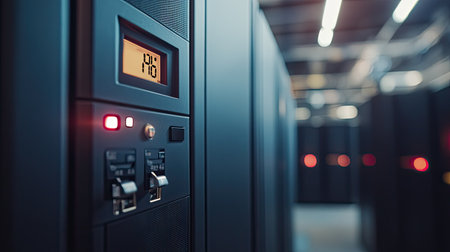 Interior view of a modern data center showcasing rows of server racks equipped with LED indicators, highlighting the advanced technology and organized infrastructure for efficient data management.の素材