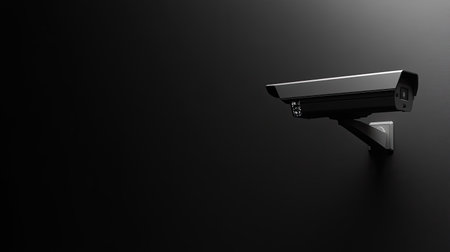 A sleek surveillance camera mounted on a black wall, symbolizing modern security solutions for homes and businesses, ensuring safety through continuous monitoring.の素材
