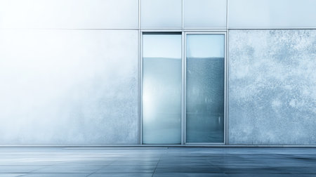 A striking example of modern architecture featuring a glass door against a textured wall, illuminated by soft natural light, ideal for design inspiration and interior concepts.の素材