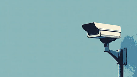 A modern security camera is mounted on a wall, representing surveillance technology and privacy concerns in urban settings. The minimalist design highlights safety measures.の素材