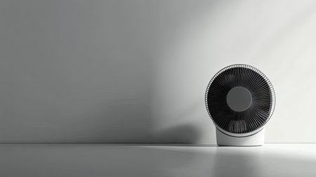 A stylish electric fan sits on a sleek surface in a bright room, showcasing a modern minimalist design with smooth lines and elegant aesthetics, ideal for enhancing indoor comfort.の素材