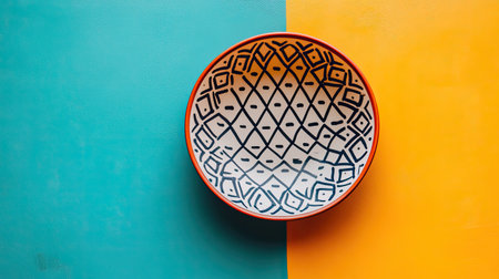 A vibrant and artistic ceramic bowl featuring intricate geometric patterns set against a split background of turquoise and yellow, perfect for stylish dining and decor.の素材