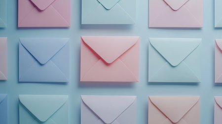 A collection of soft pastel envelopes in shades of pink, blue, and lilac laid out neatly on a light blue background, perfect for creative projects and stylish invitations.の素材