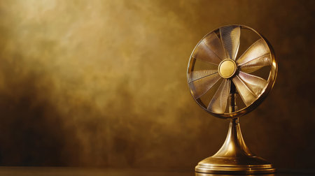 A beautifully crafted vintage table fan featuring a metallic finish, set against a warm golden background, evokes nostalgia and adds a touch of elegance to any interior space.の素材