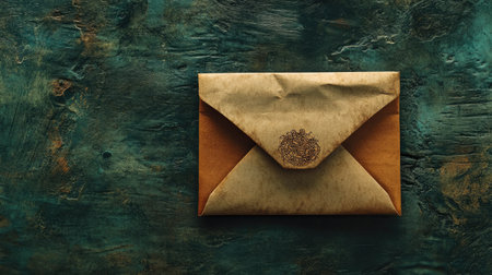 An antique envelope rests on a textured surface, featuring a vintage design that evokes nostalgia and elegance. Ideal for letter writing or creative invitations.の素材