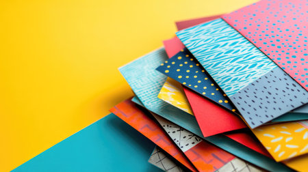 A vibrant stack of colorful art papers showcasing unique patterns and textures against a bright yellow background, perfect for creative projects and artistic inspiration.の素材