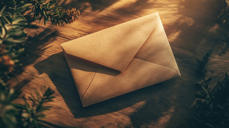 A serene composition of a vintage brown envelope on a wooden surface, surrounded by delicate pine leaves and softly diffused sunlight, creating a warm and inviting atmosphere.の素材