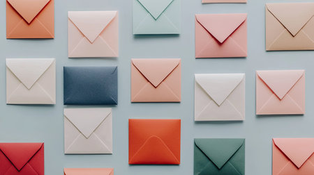 A vibrant flat lay of various colorful envelopes on a soft blue background, perfect for projects related to communication, design, or stationery aesthetics.の素材