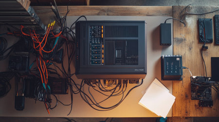 An overhead view of a contemporary electronic workspace, featuring audio and video equipment, tangled cables, and various devices on a rustic wooden surface, inviting creativity and innovation.の素材